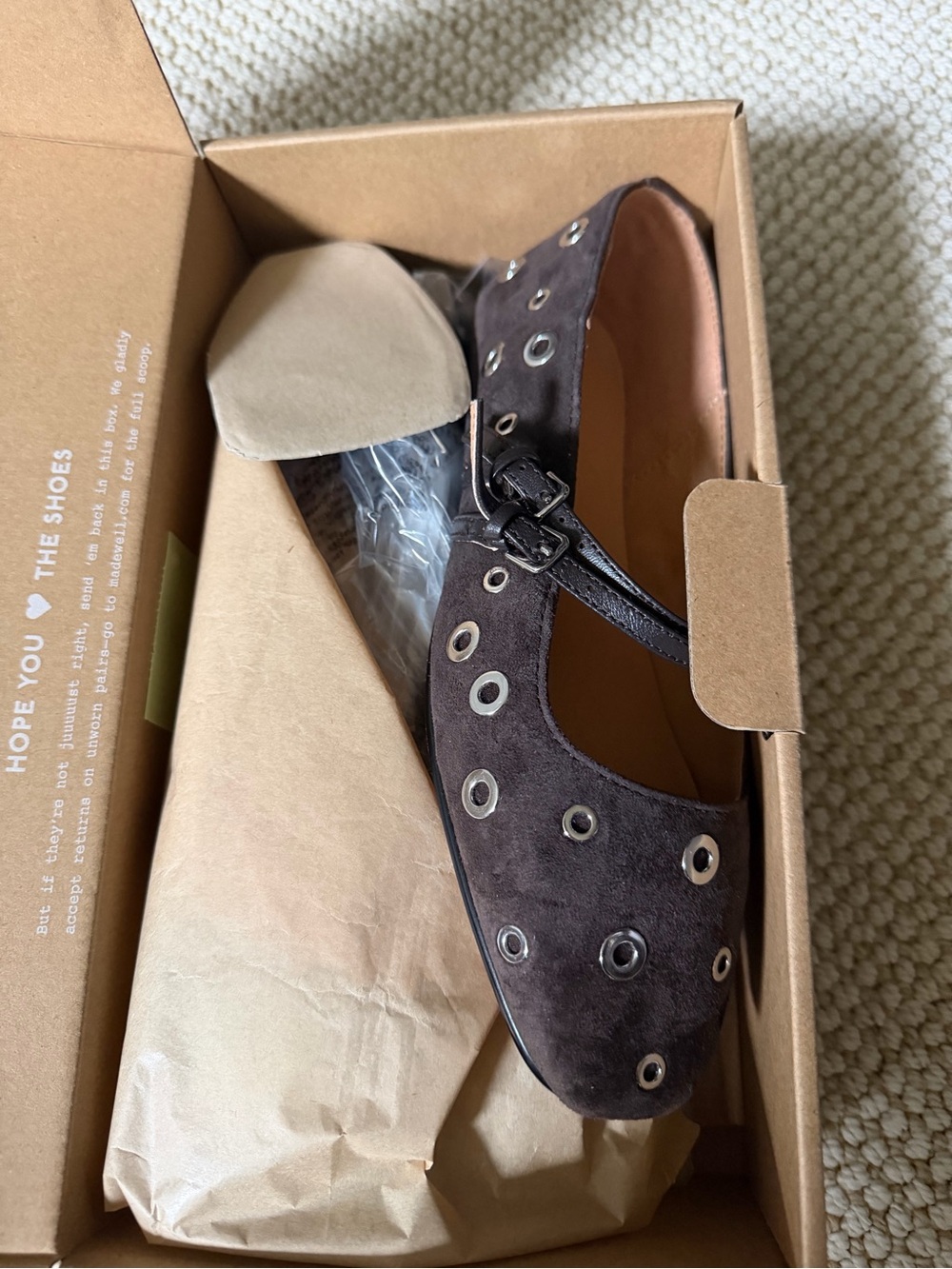 NWT- Madewell Suede Mary Jane Flats with Eyelet Detail - Brown